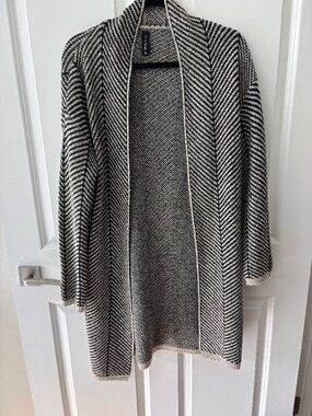Sacred Threads Black & Cream Herringbone Long Open Cardigan, One Size